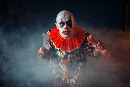 Bloody clown with meat cleaver and baseball batの写真素材