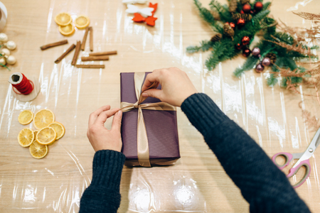 Gift box wrapping and decoration, handmade packingの写真素材