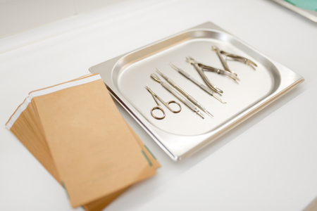 Professional nail care equipment on a metal trayの写真素材