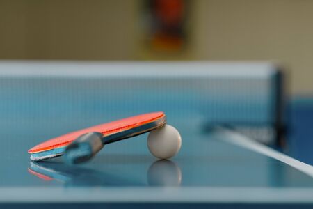 racket and ball on game table, closeupの写真素材