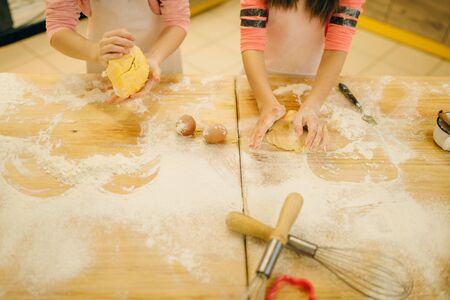 Little girls chefs crumple the dough, funny bakers