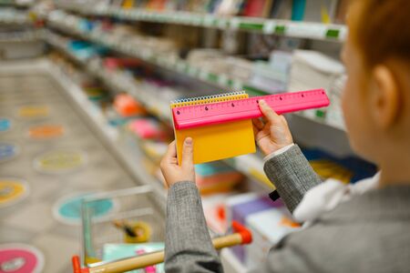 Schoolgirl choosing notebook in stationery storeの写真素材