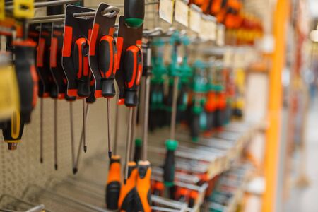 Hardware store assortment, shelf with screwdriversの写真素材