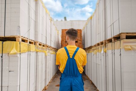 Builder between big pallets of building materialsの写真素材