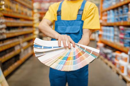 Assistant and female customer with color palette in hardware store. Seller in uniform and woman in diy shop, shopping in building supermarketの写真素材