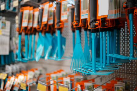 Gardening tools on showcase, shop for floristryの写真素材