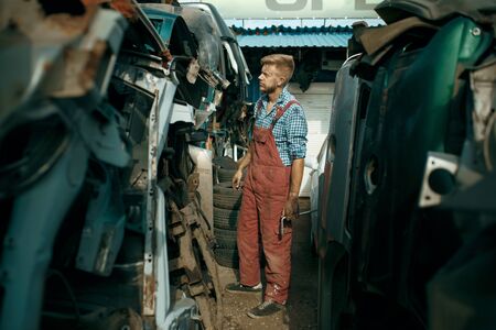 Male repairman choosing spare parts on car junkyardの写真素材