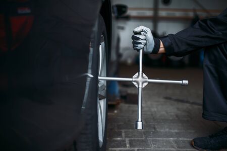 Car wheel with wrench, tire service conceptの写真素材