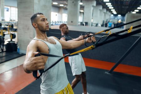 Two athletes at exercise machine, training in gymの写真素材