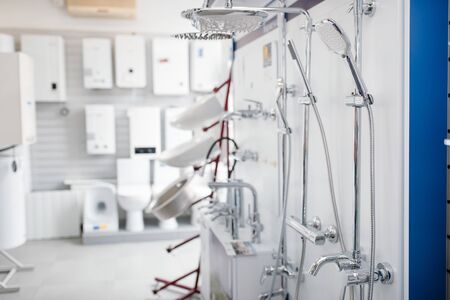 Water taps, faucets and showers, plumbering storeの写真素材