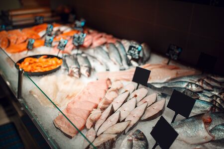 Showcase with chilled fish, grocery store, nobodyの写真素材
