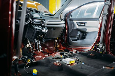 Professional car tuning, disassembled vehicle interior closeup, nobody. Auto detailing. Automobile...