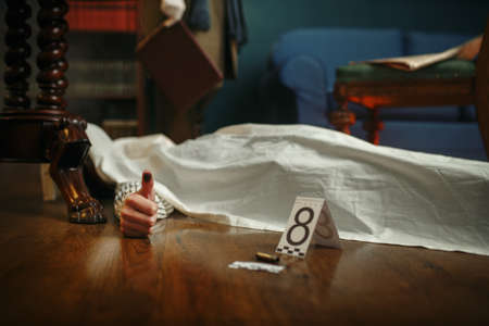 Dead man, victims body and evidence, crime sceneの写真素材
