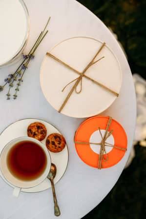 Table setting, tea party with sweets, top viewの写真素材