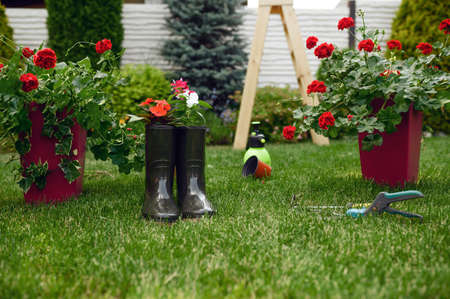 Gardening tools and rubber boots, nobody