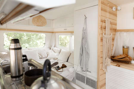 Camping in a trailer, rv interior, nobody