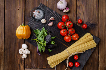 Fresh vegetables and spaghetti, wooden backgroundの写真素材