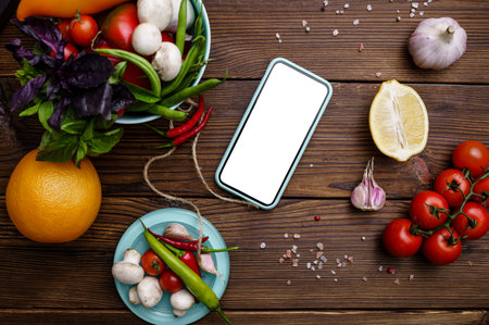 Vegetables in plates and phone, wooden backgroundの写真素材