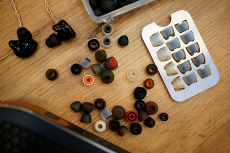 Earpieces rubbers on the counter in audio store