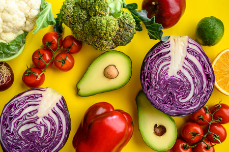 Vegetablea and avocado closeup, yellow backgroundの写真素材