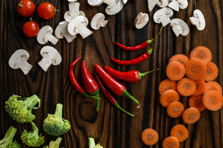 Fresh vegetables and mushrooms, wooden backgroundの写真素材