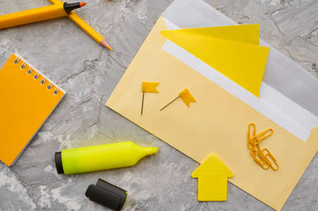 Office stationery supplies in yellow tonesの写真素材
