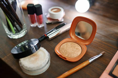 Makeup cosmetic set on the table closeup, nobodyの写真素材