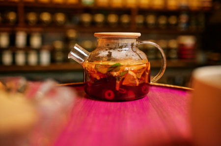 Hookah bar, tonic drink in glass teapot, nobodyの写真素材
