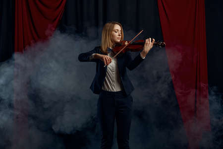 Female violonist with violin, performance on stageの写真素材