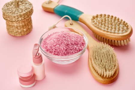 Body care products, macro view, pink backgroundの写真素材