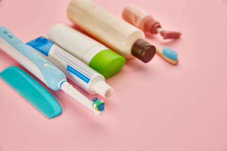Oral and skin care products, pink backgroundの写真素材