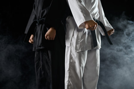 Two male karatekas in white and black kimonoの写真素材