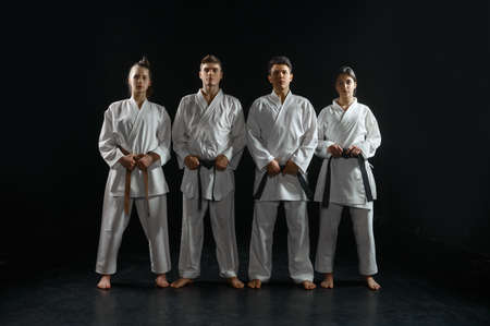 Four karatekas in white kimono, group training