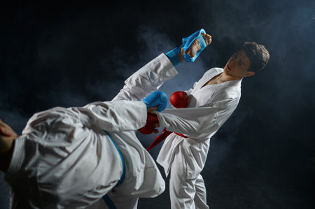 Two male karatekas in white kimono and glovesの写真素材