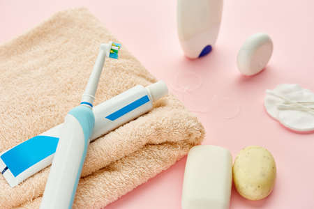 Oral care products, pink background, nobodyの写真素材