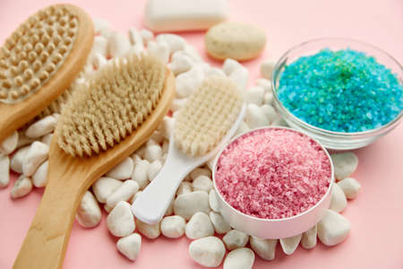 Skin care products creams and sea salt, macro view