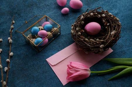 Willow and tulip, easter eggs, gift box and nest