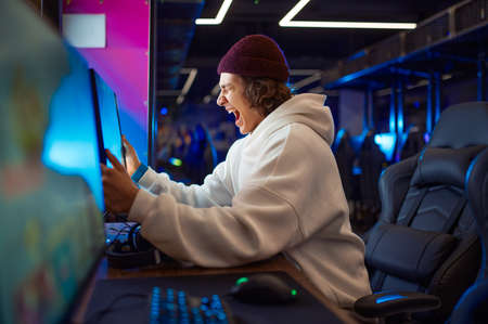 Young gamer won the tournament, gaming clubの写真素材