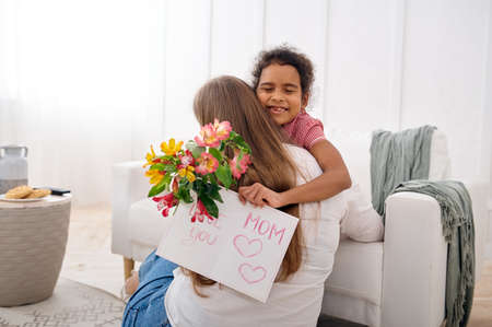 Daughter wishes her beloved mother, happy birthdayの写真素材