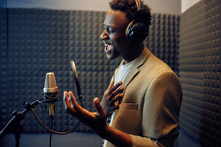 Male singer sings a song, recording studioの写真素材