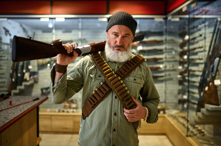 Male hunter with rifle and bandoliers in gun store