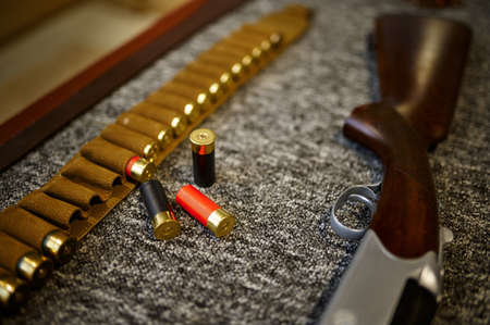 Hunting rifle, bandolier and cartridges, gun store