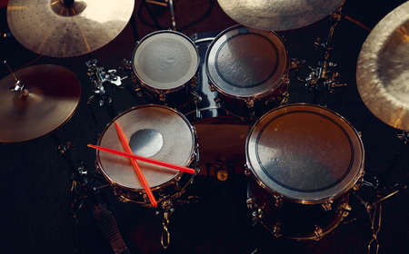 Professional drum kit and sticks closeup, nobodyの写真素材