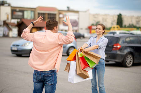 Husband is shocked by wifes purchases, parking
