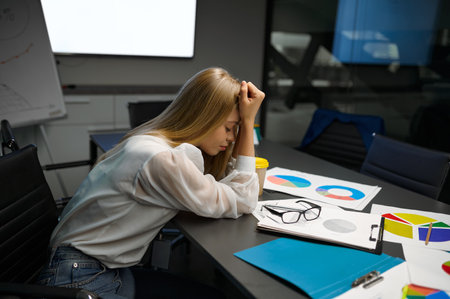 Tired female manager sleeping at table, IT office