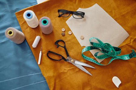 Dressmaking tools on the table, top view, nobodyの写真素材