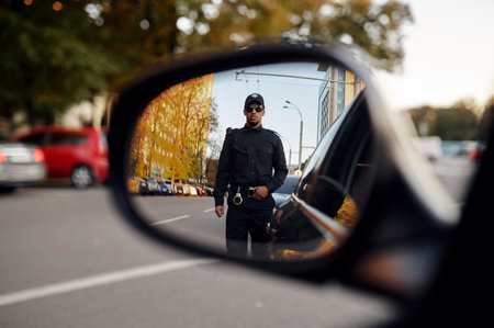 Police officer, view through car rear view mirror