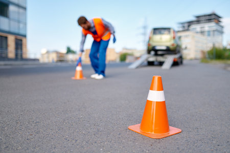 Road assistance worker putting cones near evacuatorの写真素材