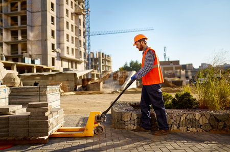 Male worker making concrete at construction siteの写真素材