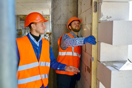 Bricklayer builders checking wall level with tool